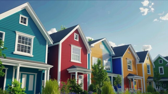 A group of identical houses in a suburban neighborhood with one house painted in vibrant colors,  highlighting differentiation