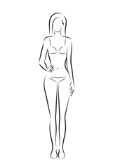 Woman body. Full-length standing portrait. Set of body-positive female. Five angles figure front, 3 of 4, side views shape. Vec
tor fashion silhouette outline line illustration