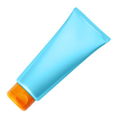 Top view of a sunscreen tube, symbolizing the essence of a summer beach vacation and emphasizing the importance of sun protection for healthy tanning and skin care. Isolated on a white background