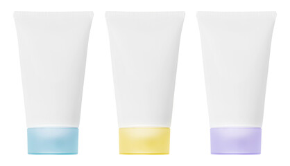 Top view of set of sunscreen tubes, symbolizing the essence of a summer beach vacation and emphasizing the importance of sun protection for healthy tanning and skincare. Isolated on a white background