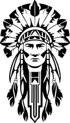 A Wonderful iconic Native American chief in a black and white vector illustration, Suitable for logo design, tattoo design or print on demand