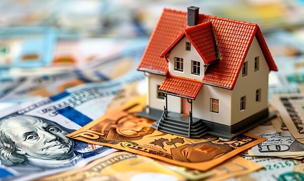 Global Real Estate Valuation, Macro Close-Up of Model House Amid Currency Stacks