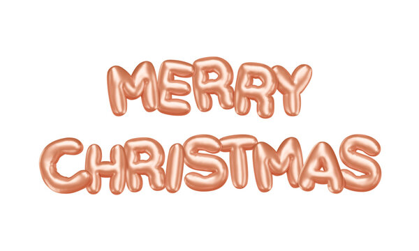 Merry Christmas phrase. Inflated 3d letters, golden balloons with glossy effect. Shiny xmas greeting text. Vector cartoon illustration. Isolated design element.