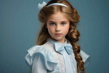 The most beautiful female kid in an adorable outfit, posing against a light blue backdrop, exuding...