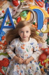 A girl in a floral dress lies among large alphabets and assorted toys, looking up