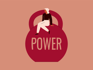 Strong woman sitting on a big kettlebell with text POWER on it. Confident female on a big pink dumbbell as a symbol of Girl power. Vector illustration for female empowerment. - 761399010