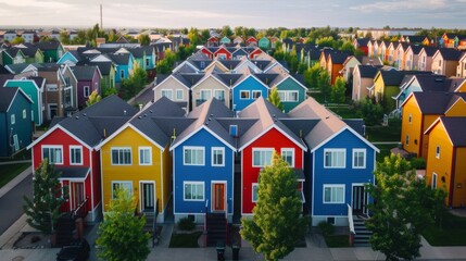 A suburban neighborhood with rows of identical houses with one house adorned with colorful exterior murals,  emphasizing standing out