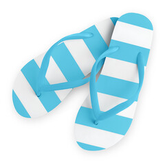 Top view of light blue and white stripes beach flip-flops, summer beach vacation and footwear for sandy beaches and sea bathing. Online shopping store concept, isolated on a white background