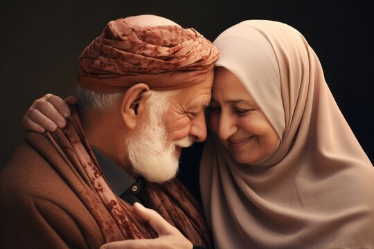 An elderly couple wearing traditional Middle Eastern clothing share an affectionate moment by embracing each other.. Fictional character created by Generated AI. 