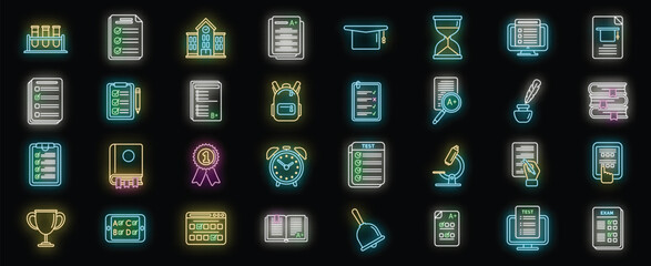 School test icons set outline vector. Online learn. Quiz education neon color isolated