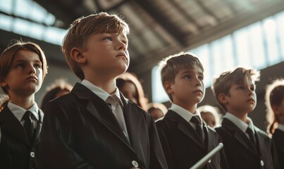 Obraz premium Students in school uniforms lined up in a line, close-up, generated AI