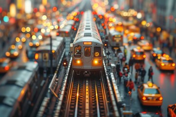 High energy city life captured with a focused commuter train surrounded by blurred traffic and vibrant urban lights