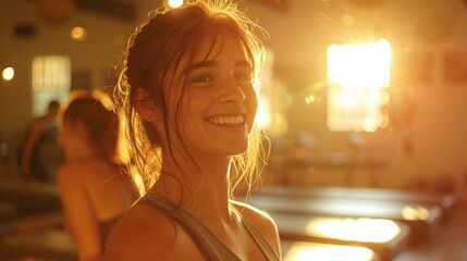 Radiant Pilates instructor smiling during a sunny fitness class