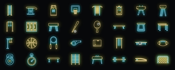 School gym icons set outline vector. Club equipment. Room bag neon color isolated