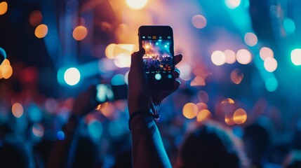 A person is holding a cell phone up to take a picture of a crowd