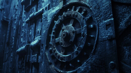 An ancient blue metal door with intricate engravings and a central locking gear. - Powered by Adobe