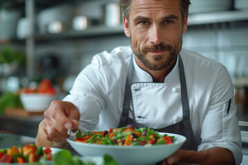 A chef is preparing a salad with tomatoes and greens
