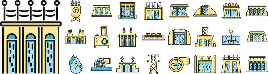 Hydro power icons set outline vector. Eco water. Alternative energy thin line color flat isolated