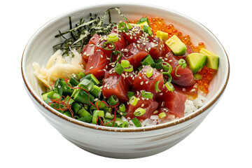 Hawaiian-style poke bowl, with diced raw fish marinated in soy sauce, sesame oil, and chili flakes, served over rice with avocado, seaweed, and sesame seeds, on a white surface.