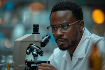 A man wearing glasses is looking through a microscope