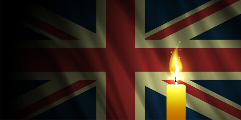 Vector dark wavy flag of United Kingdom. A brightly burning candle. Mourning and sorrow. Banner of Great Britain. Suffering.