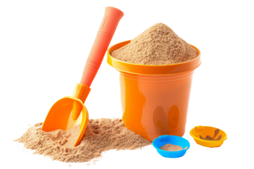 A joyful  of a child's sand bucket and shovel, filled with sand, on a white background.