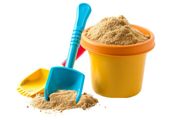 A joyful  of a child's sand bucket and shovel, filled with sand, on a white background.