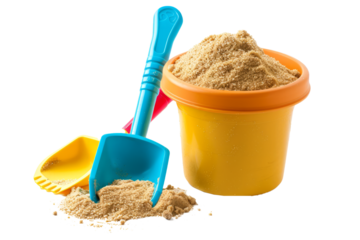 A joyful  of a child's sand bucket and shovel, filled with sand, on a white background.