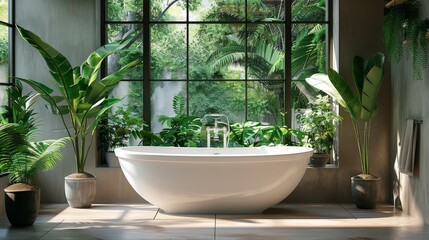 Bathroom With Large White Bathtub and Plant
