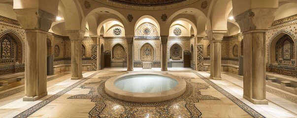 A traditional Turkish hammam, focusing on the central marble heated platform surrounded by intricate mosaics and ornate arches. - obrazy, fototapety, plakaty