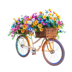 Fototapeta na wymiar A vibrant of a bicycle, with a basket full of summer flowers, placed on a white background.