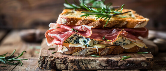 professional food photography:Sandwich with prosciutto, blue cheese and rosemary,, lots of copy space 