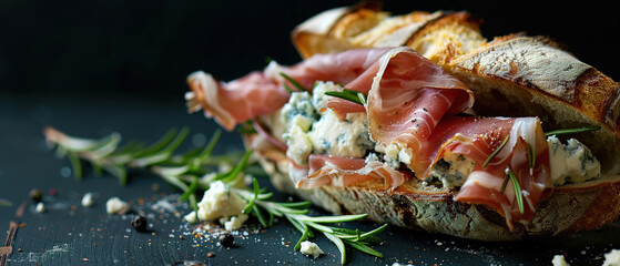 professional food photography:Sandwich with prosciutto, blue cheese and rosemary,, lots of copy space 