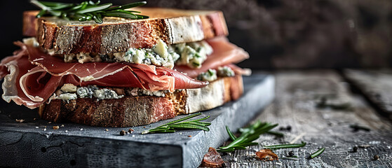 professional food photography:Sandwich with prosciutto, blue cheese and rosemary,, lots of copy space 