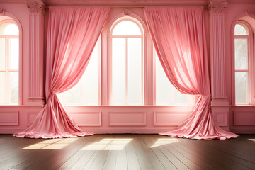 Backlit window with pink curtains in empty room clean. Sunlight shines evening through window and inside there are shadows light. Modern interior room decoration. Background Abstract Texture.