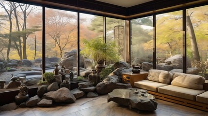 Sunroom with floor-to-ceiling windows overlooking a zen rock garden.