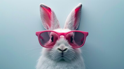 Fun Easter concept Holiday Animal celebration greeting card - Cool Easter Bunny, bunny with pink sunglasses on solid color background