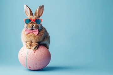 Easter Bunny wearing a bow tie and sunglasses, sitting on a Easter egg. Funny Easter holiday and celebration concept. Copy-space for text.