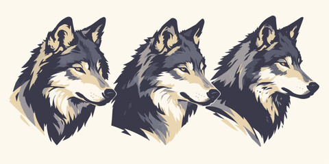 Stylized silhouette icons of a wolf face on a white background, depicted in vector format - obrazy, fototapety, plakaty