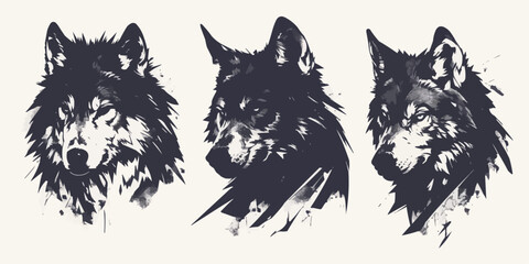 Stylized silhouette icons of a wolf face on a white background, depicted in vector format - obrazy, fototapety, plakaty