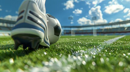 A close-up of a player's feet trying to kick a soccer ball on the lawn of a soccer field under a clear sky.