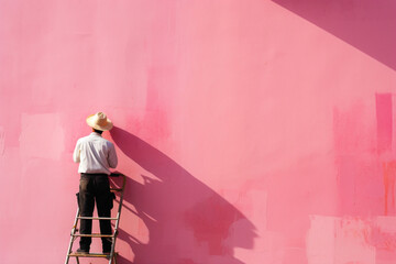 A diligent worker with a strong work ethic against a solid pink wall.