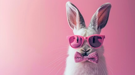 Fun Easter concept Holiday Animal celebration greeting card - Cool Easter Bunny, bunny with pink sunglasses on solid color background - obrazy, fototapety, plakaty