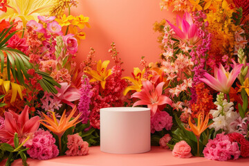 The round podium surrounded by vibrant, eye-catching floral arrangements, exuding a fresh and lively atmosphere.