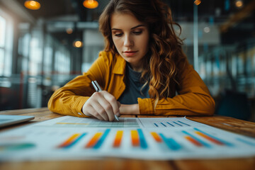 A woman is writing on a piece of paper with a pen. She is wearing a yellow jacket and has long brown hair. Concept of focus and concentration as the woman writes.