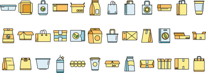 Eco packaging icons set outline vector. Eco waster. Organic recycling thin line color flat isolated