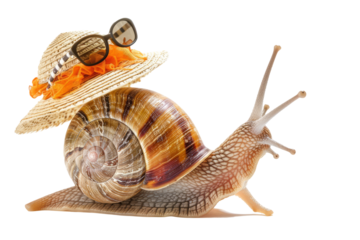 A snail in beach attire, with a sun hat and sunglasses, strolling along the beach with a shell-shaped beach bag.