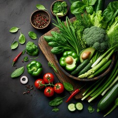  Assortment of Fresh Green Vegetables (Black Backdrop)