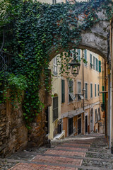 A typical uphill alley in the old town, called "La Pigna" (the pine cone) for the characteristic shape of its streets and fortifications, Sanremo, Imperia, Liguria, Italy