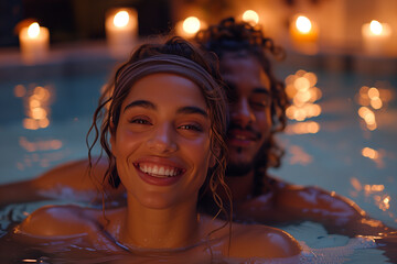A man and a woman are in a spa jacuzzi with lit candles.